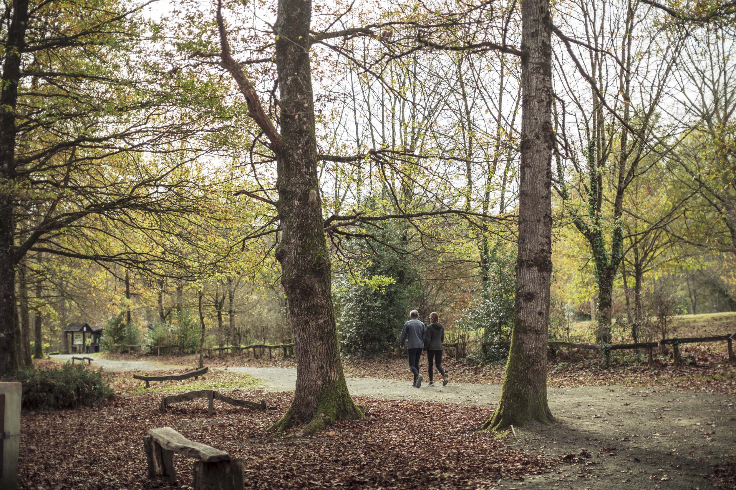 una pareja de senderistas andando por el camino del Bosque de Orgi